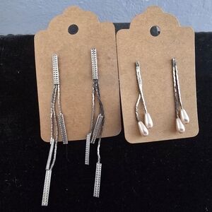 Two Pair Snake Chain Silver Dangle Drop Earrings With Pearls